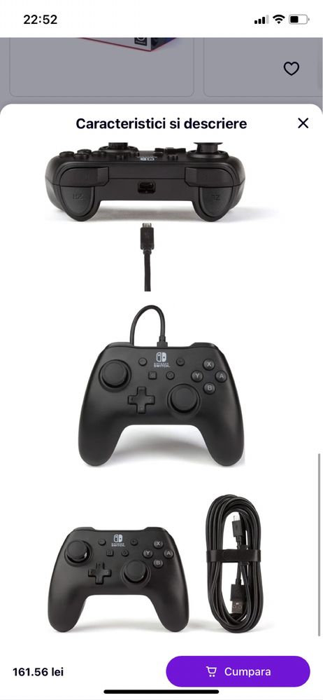 Controler cu fir PowerA pentru Nintendo Switch - Negru Original,nou