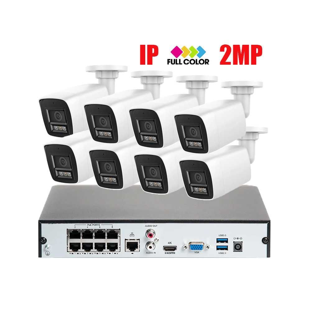 IP PoE КОМПЛЕКТ за Видеонаблюдение с 8 Булет Камери 2MP и PoE NVR