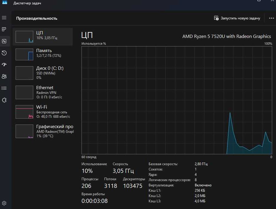 Ноутбук HP Laptop 15-fc0xxx/AMD 5 7520U/ 8/512 гб/ AMD Radeon graphics