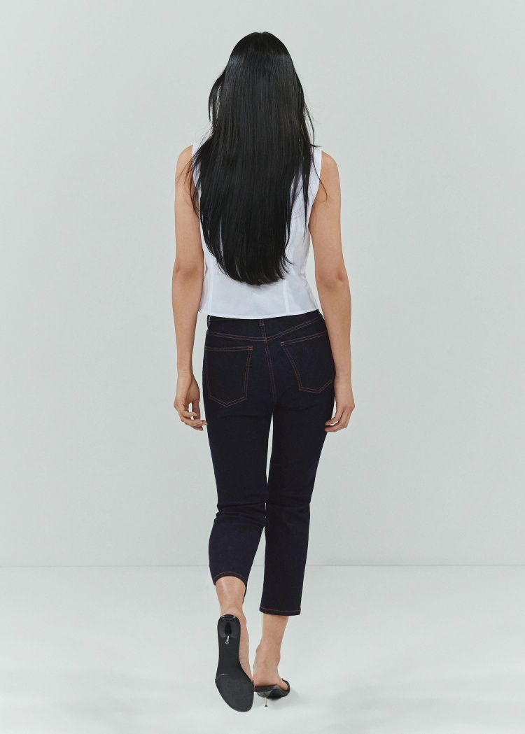 Ластични дънки S/36 capri сини индиго висока талия цепки skinny jeans