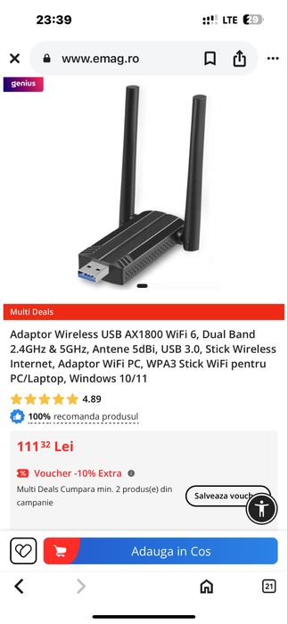 Adaptor Wireless USB WiFi 6 + Bluetooth 5.4