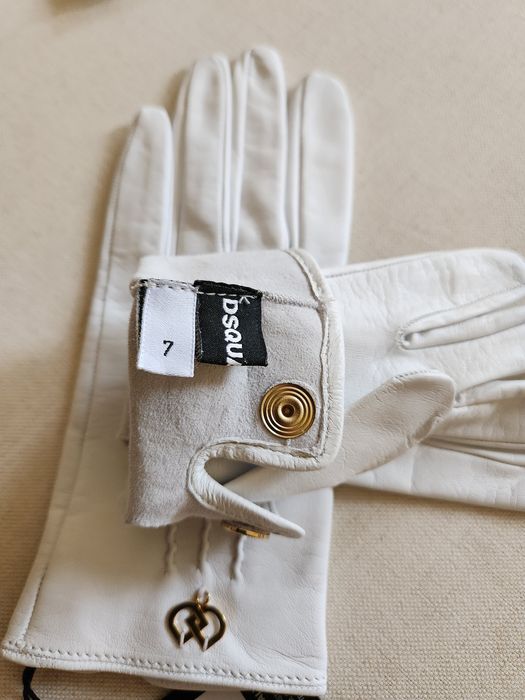 DSQUARED2 бели кожени ръкавици XS/S/7 елегантни златисто лого напа кож