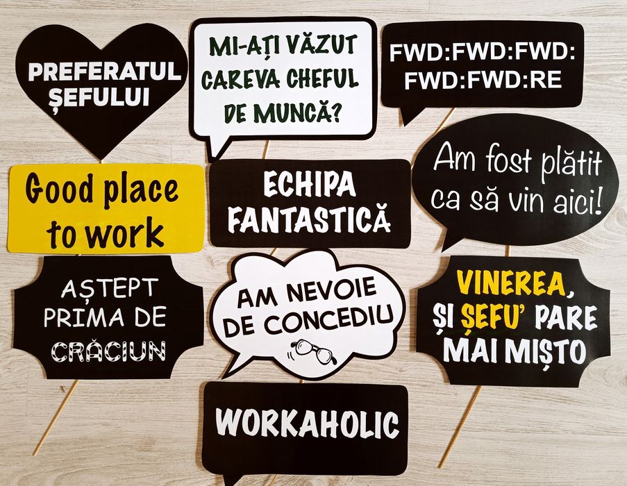 Recuzită foto propsuri pancarte mesaje petrecere firma corporate