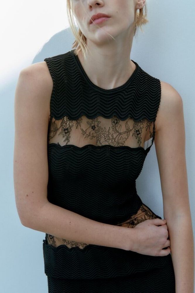 Черна рокля ZARA, с прорези дантела, S
