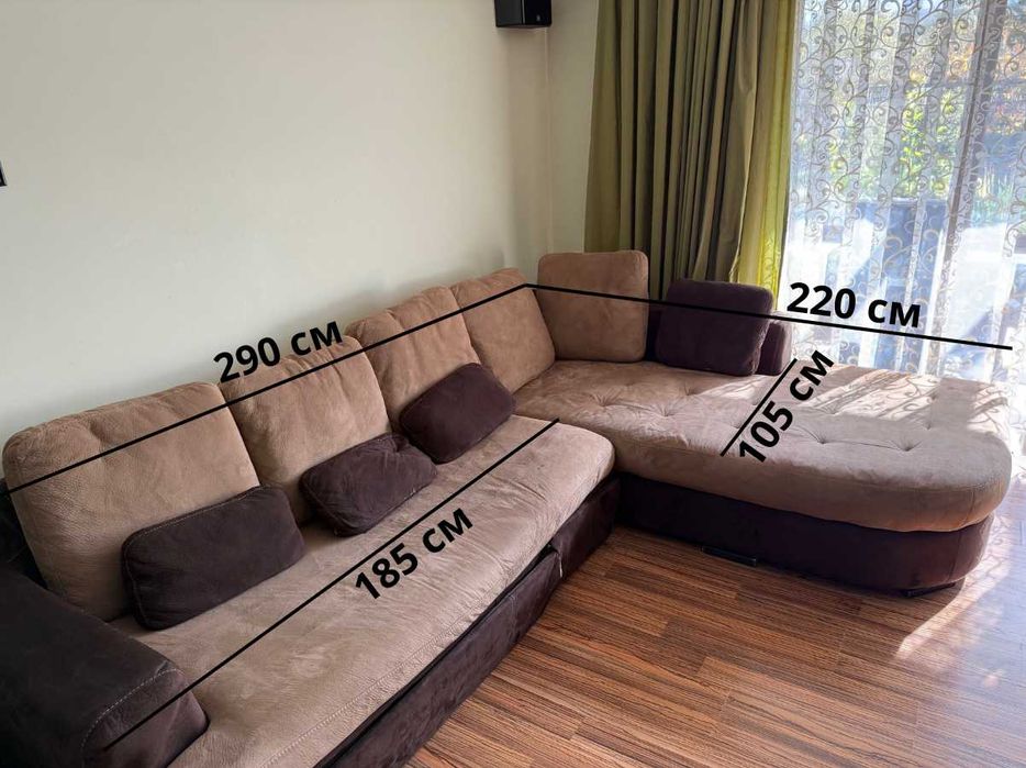 Ъглов разтегателен диван с ракла и възглавници. Забележки в снимките!