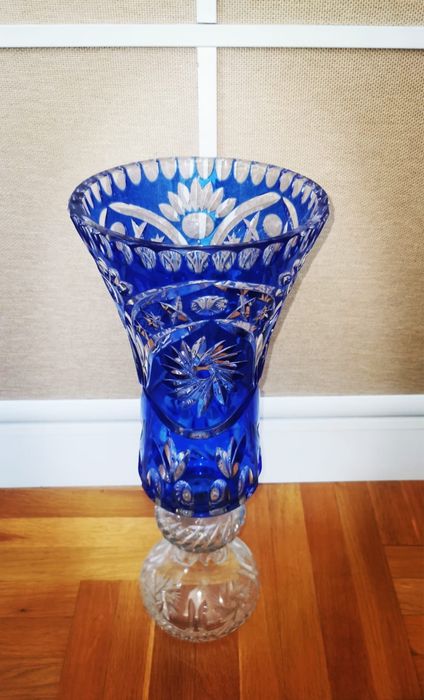 Антикварна кристална ваза Бохемия двуцветна висока 52 см рядка находка