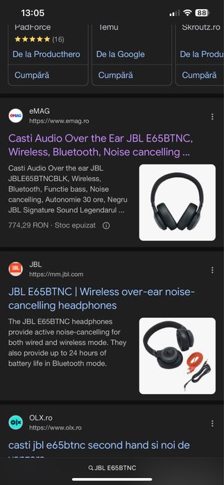 casti JBL E65BTNC anulate zgomot originale