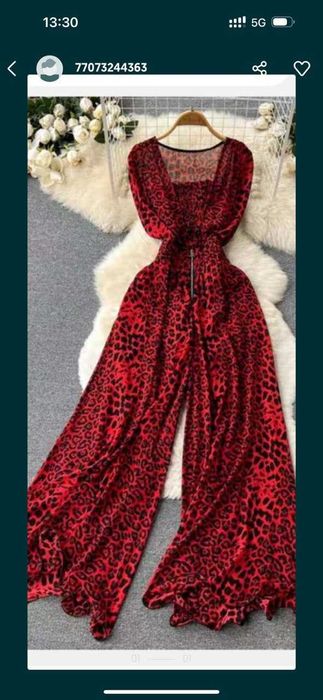 комбинезон шифоновый красный с леопардовым принтом