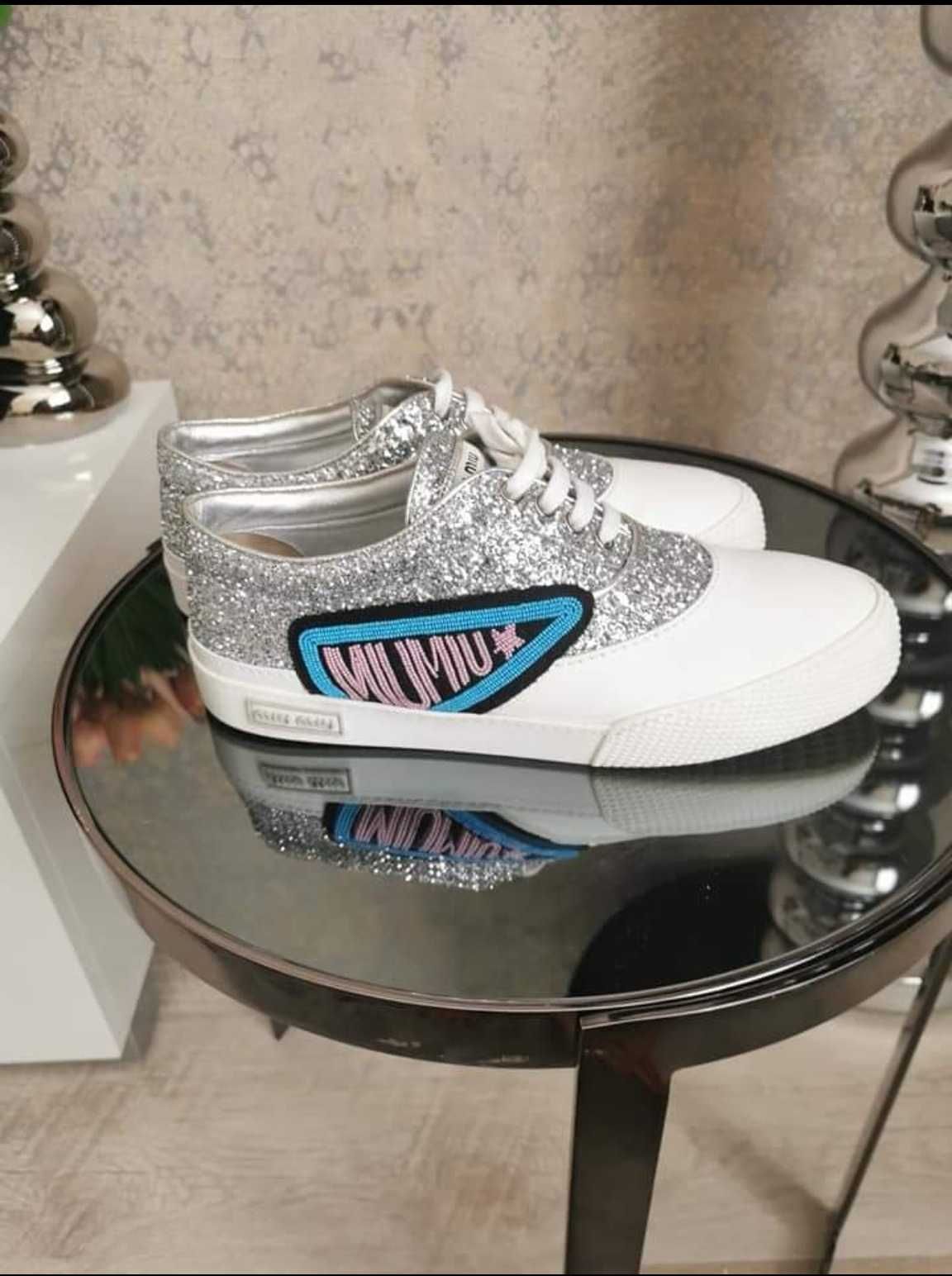 Sneakers Miu Miu/Prada 40 glitter si piele alb