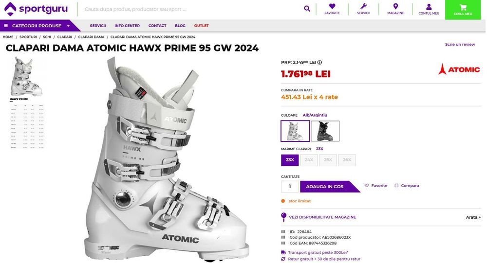 Clapari dama ATOMIC HAWX Prime 95 GW 2024 White/silver – CA NOI!