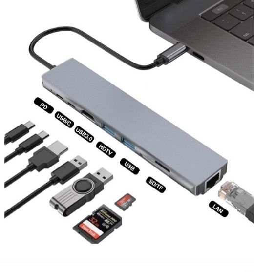 Hub adaptor 8 in 1  usb-c la RJ45 / usb 3.0 / USB 2.0 / HDMI / SD /IF