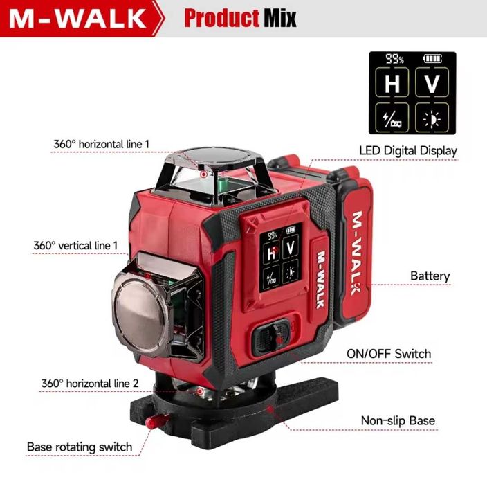 Nivela laser verde 360 de grade, 4 D, acumulator, 16 linii