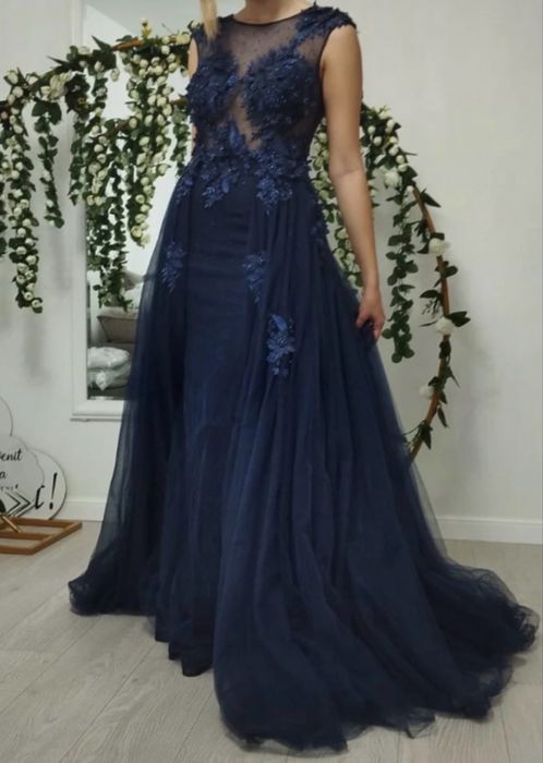 Rochie sirena voal bleumarin