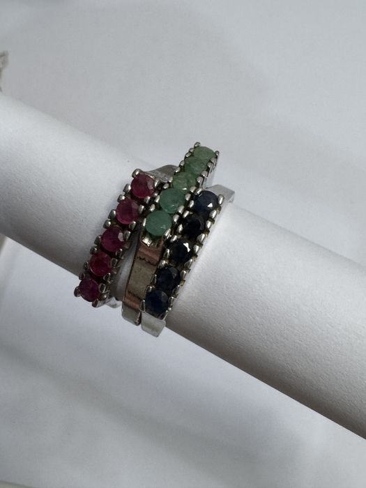 Set 3 inele argint 925, cu pietre pretioase (safir, smarald, rubin)