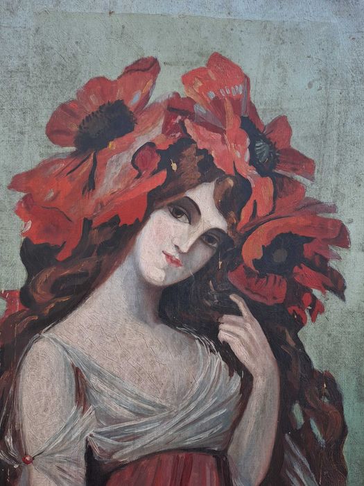 tablou vechi pictura pe panza 103/42 cm semnat