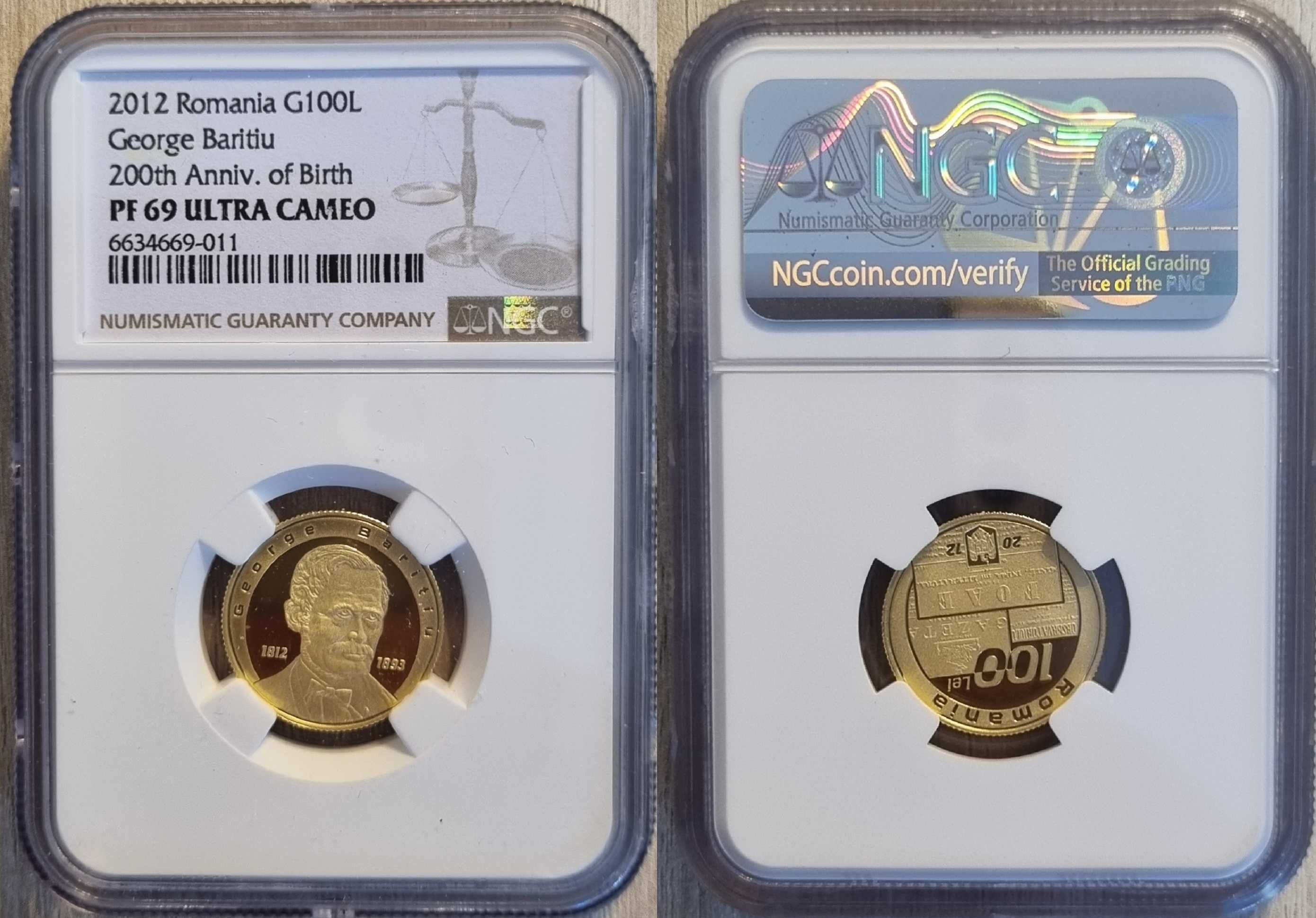 Moneda aur BNR 100 Lei, George Baritiu, gradata NGC PF 69 Top Pop