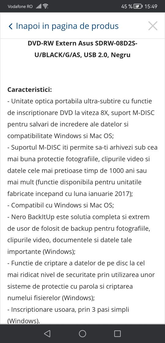 DVD-RW Extern Asus SDRW-08D2S-U/BLACK/G/AS, USB 2.0, Negru