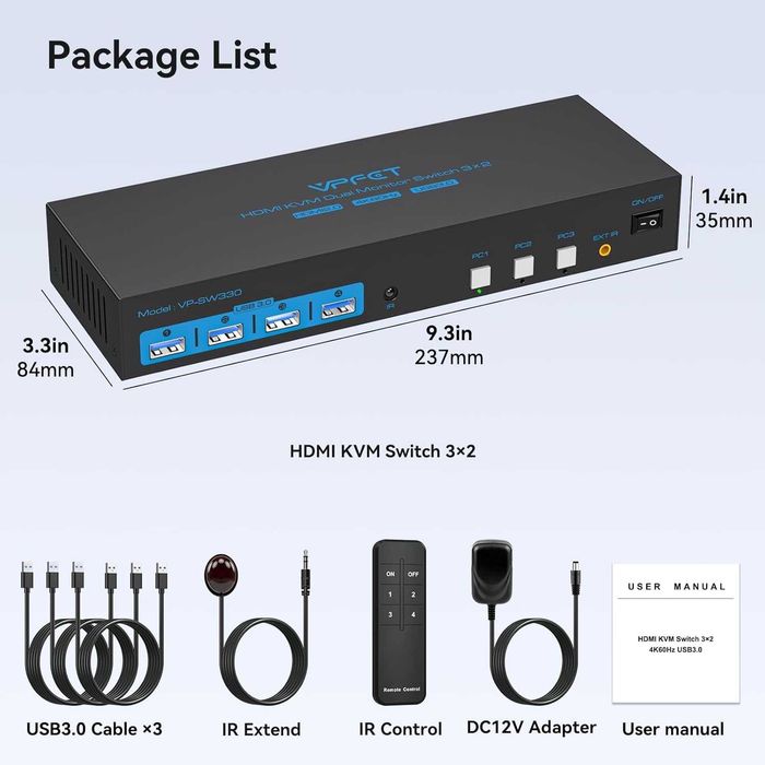 Switch HDMI KVM 3 PC 2 monitoare 4K60Hz USB 3