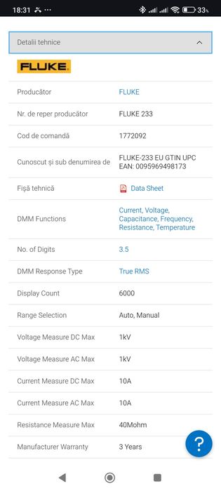 Fluke  233 ecran detașabil