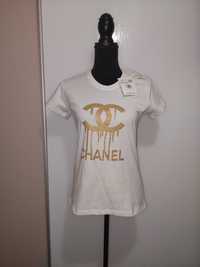 Tricou alb Chanel marime L, cu imprimeu auriu, nou cu eticheta