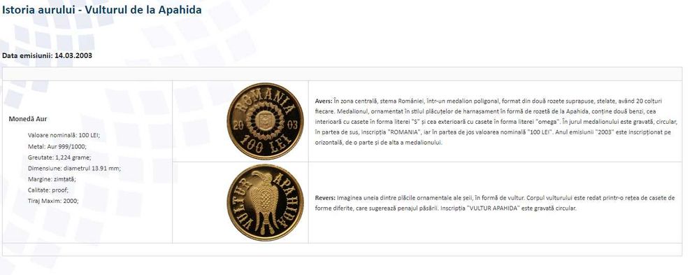 Moneda aur BNR - Istoria aurului - Vulturul de la Apahida