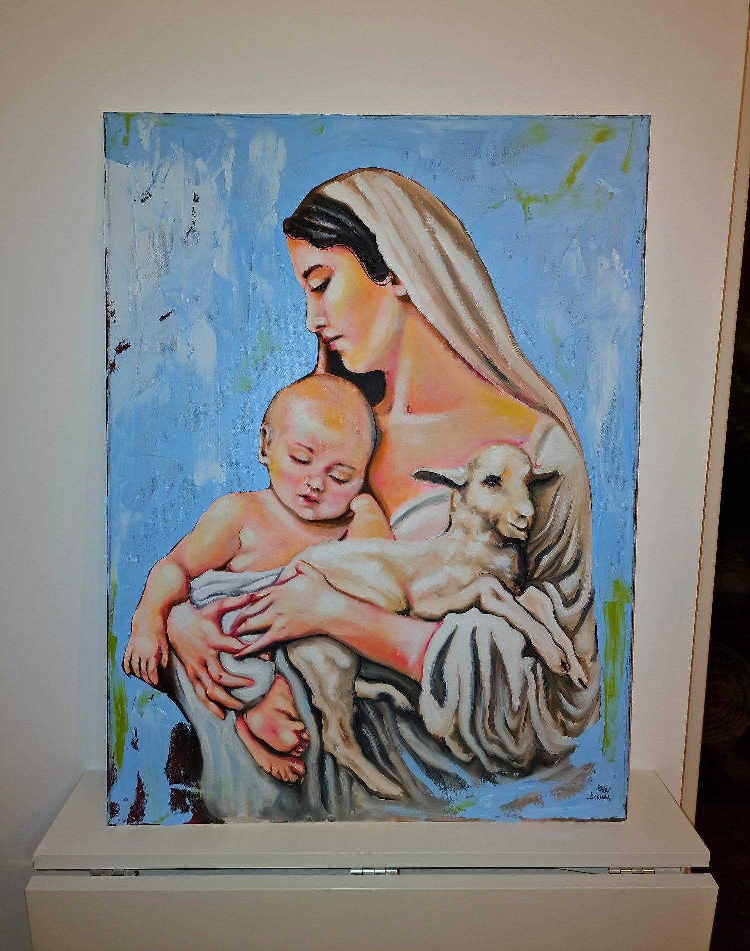 Pictură în ulei/pânză (60/80 cm) Fecioara Maria pruncul si mielul