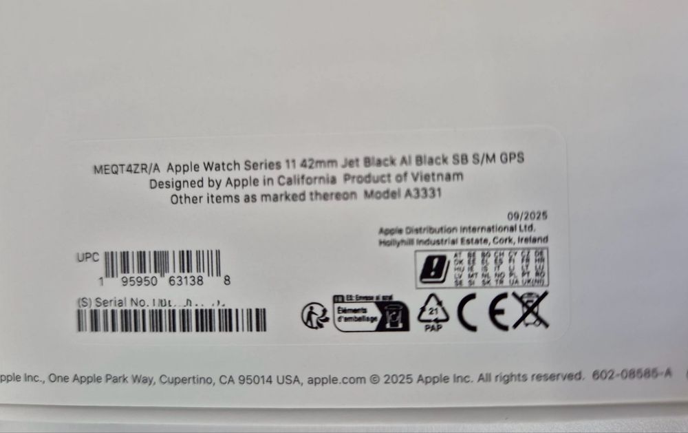 Apple Watch 11 42MM, GPS, JetBlack, SB S/M, Nou, Sigilat