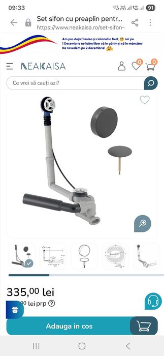 Set sifon cu preaplin pentru cada si capac Geberit d52 negru mat