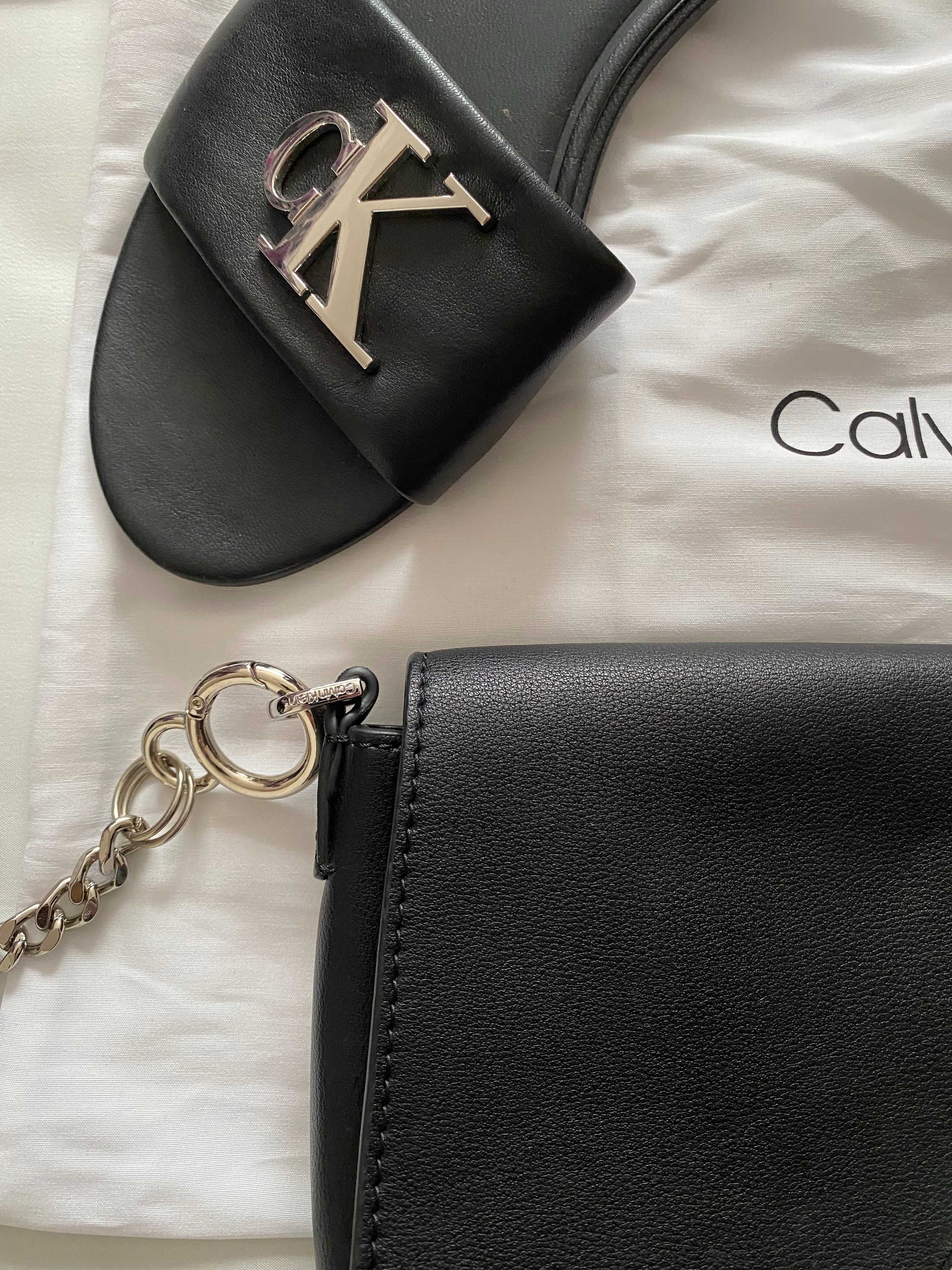 Papuci dama, Calvin Klein, geanta asortata, piele naturala, marimea 39