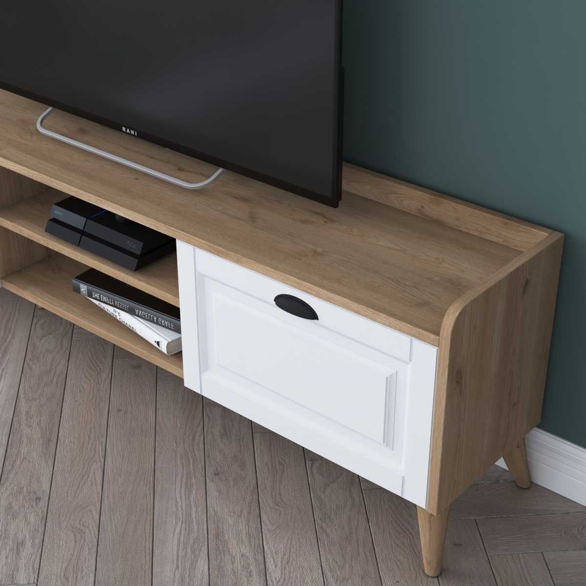 TV шкаф Puzzle-home 2556, Бял-орех, 180х55х34см. MDF