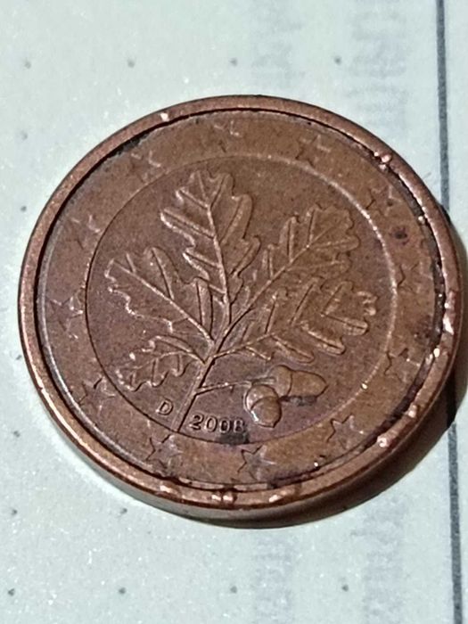 монета 1 евро цента 2008 (die break) (collar cud/rim cud)