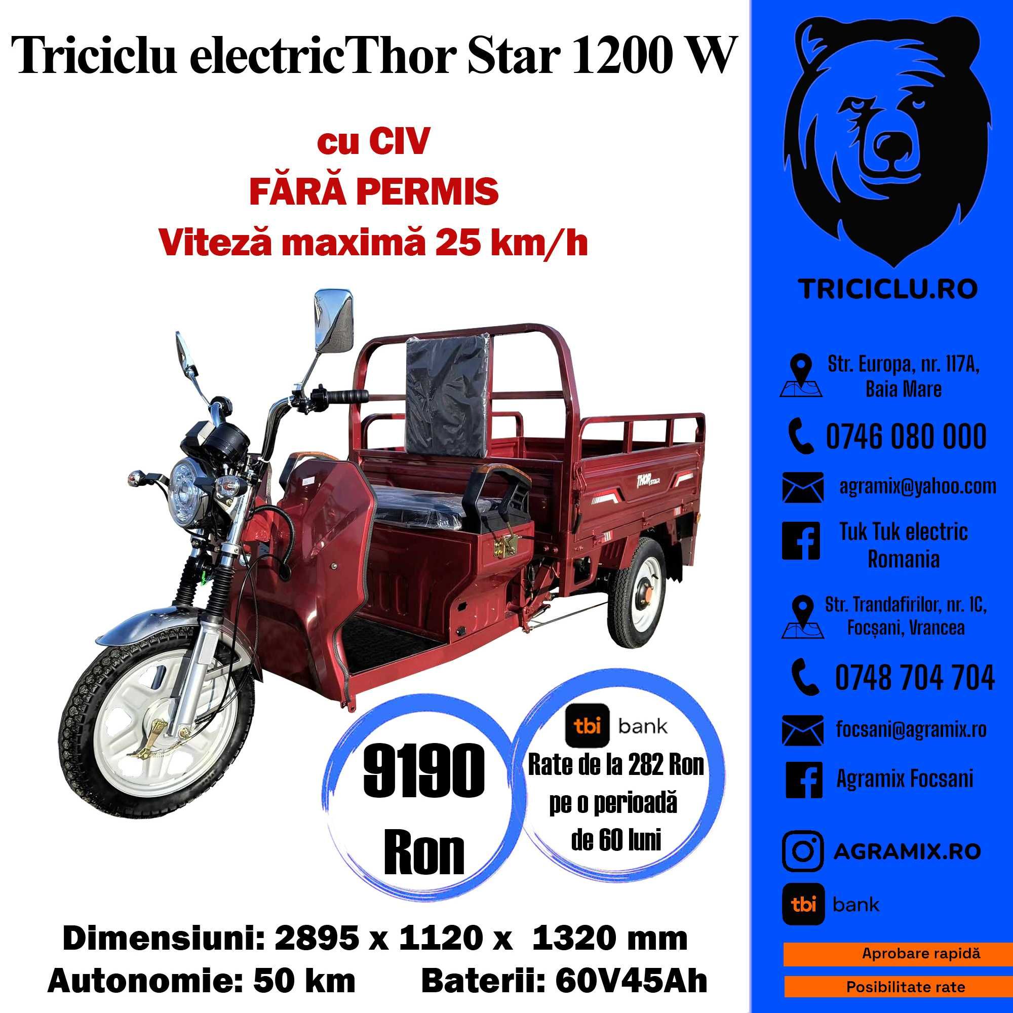 Triciclu electric  THOR STAR VISINIU cu CIV,FARA PERMIS nou Agramix