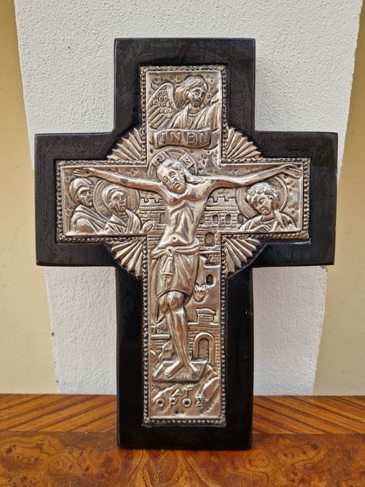 Страхотна антикварна сребърна икона кръст сертификат