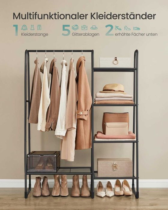Suport haine metalic Songmics, 5 rafturi si bara agatat haine, negru