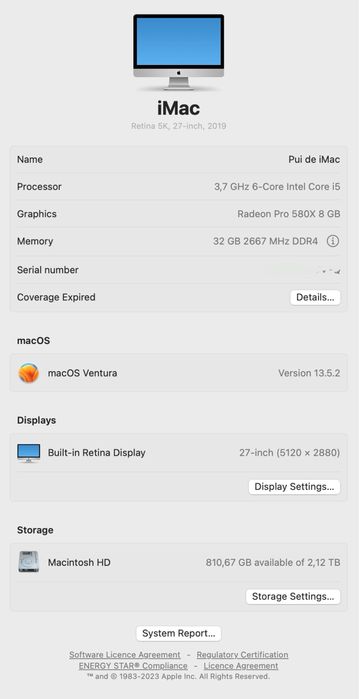 iMac 27" 5K retina, i5 3.70GHz, 32GB RAM, 2TB hd, Radeon Pro 580X 8GB