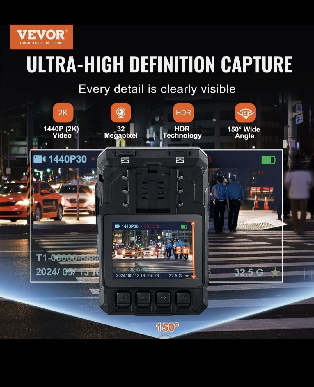 VEVOR 1440P Police Body Camera 128G Body Cam 3500 mAh Battery Night Vi