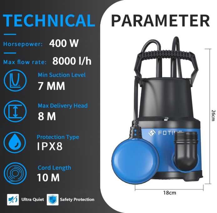 Потопяема водна помпа 400 W 8000 l/h за източване на басейн