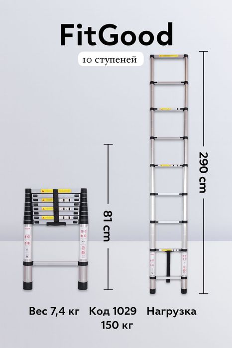 Стремянка Лестница телескопическая 10 ступеней, 2.9м STR-1029