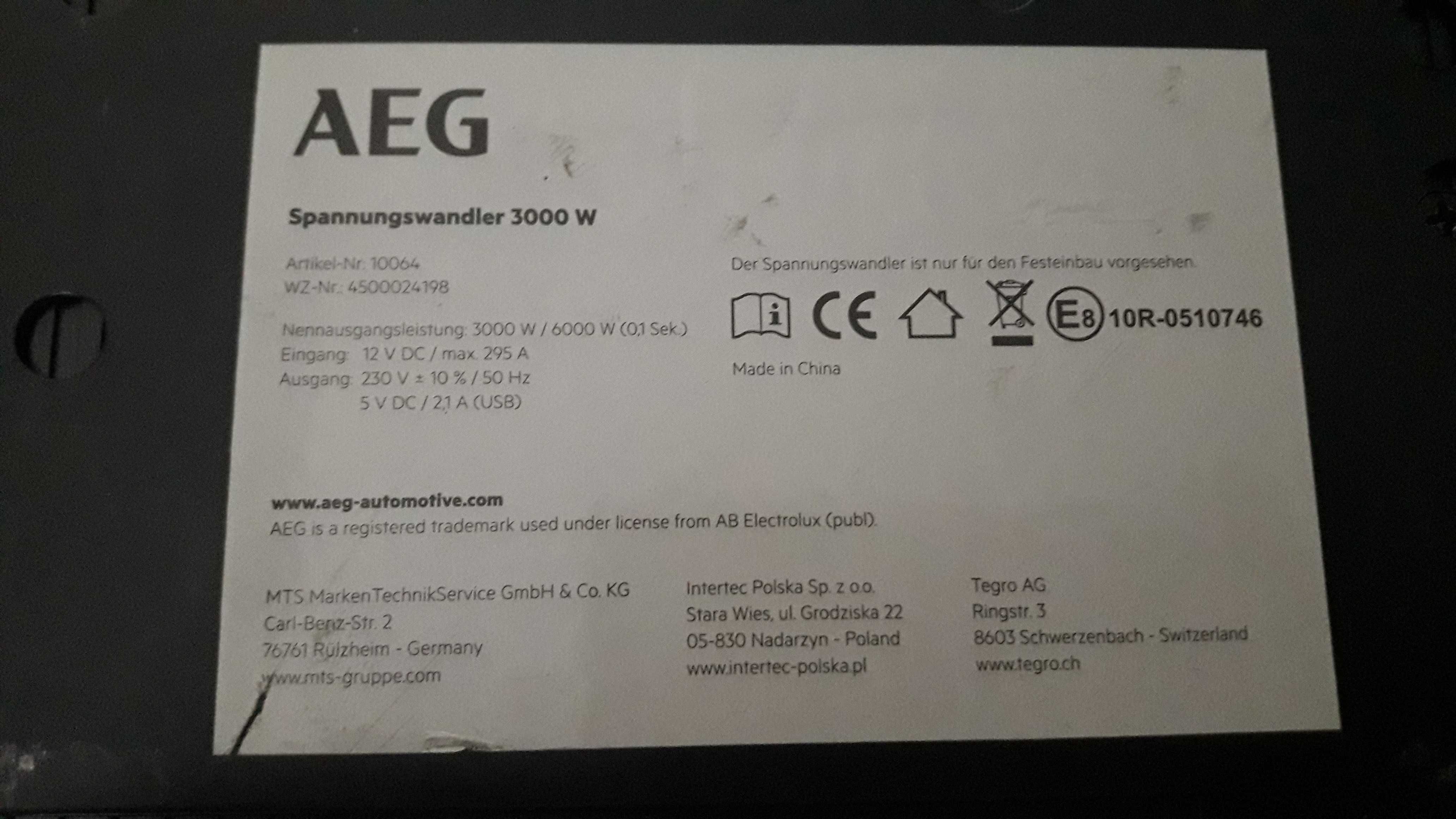 Convertor de tensiune, AEG Automotive 3000 W, 12 V DC la 230 V AC