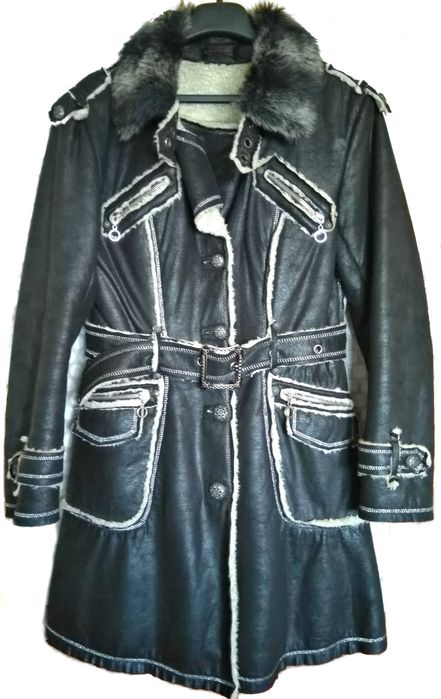 Palton Vintage Cojocel deosebit negru blanita crem cusaturi argintii