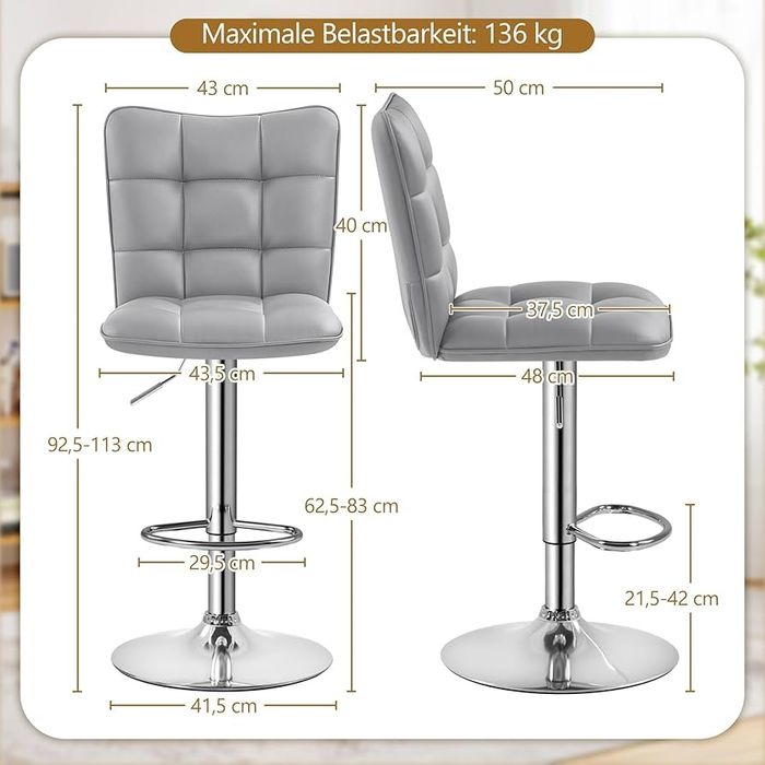 ПромоЦена!Луксозен кожен бар стол с регулируема височина и газов аморт