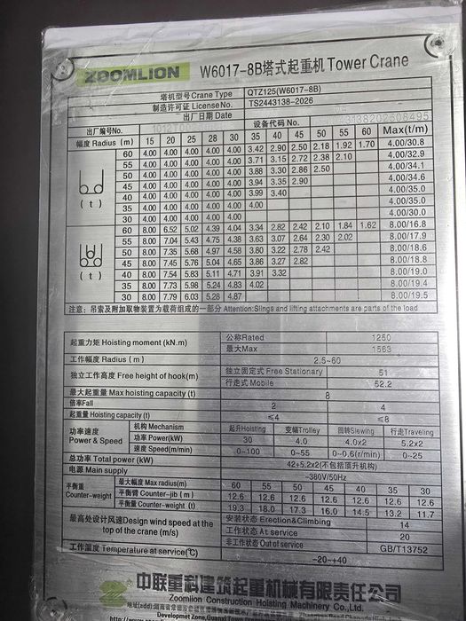 Продается Башенный кран ZOOMLION