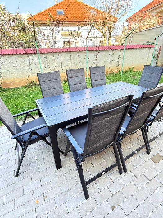 Set gradina masa 205/90/75 + 8 scaune pliabile + 8 perne sezut