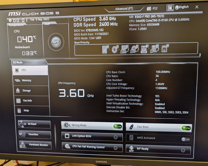 Placa de baza MSI B360-F PRO cu CPU Intel i3-9100