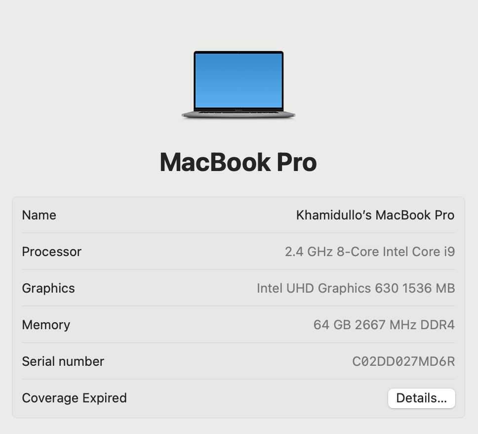 MacBook Pro 16 (2019) / 2TB SSD / i9 2.4 Ghz / RAM 64GB