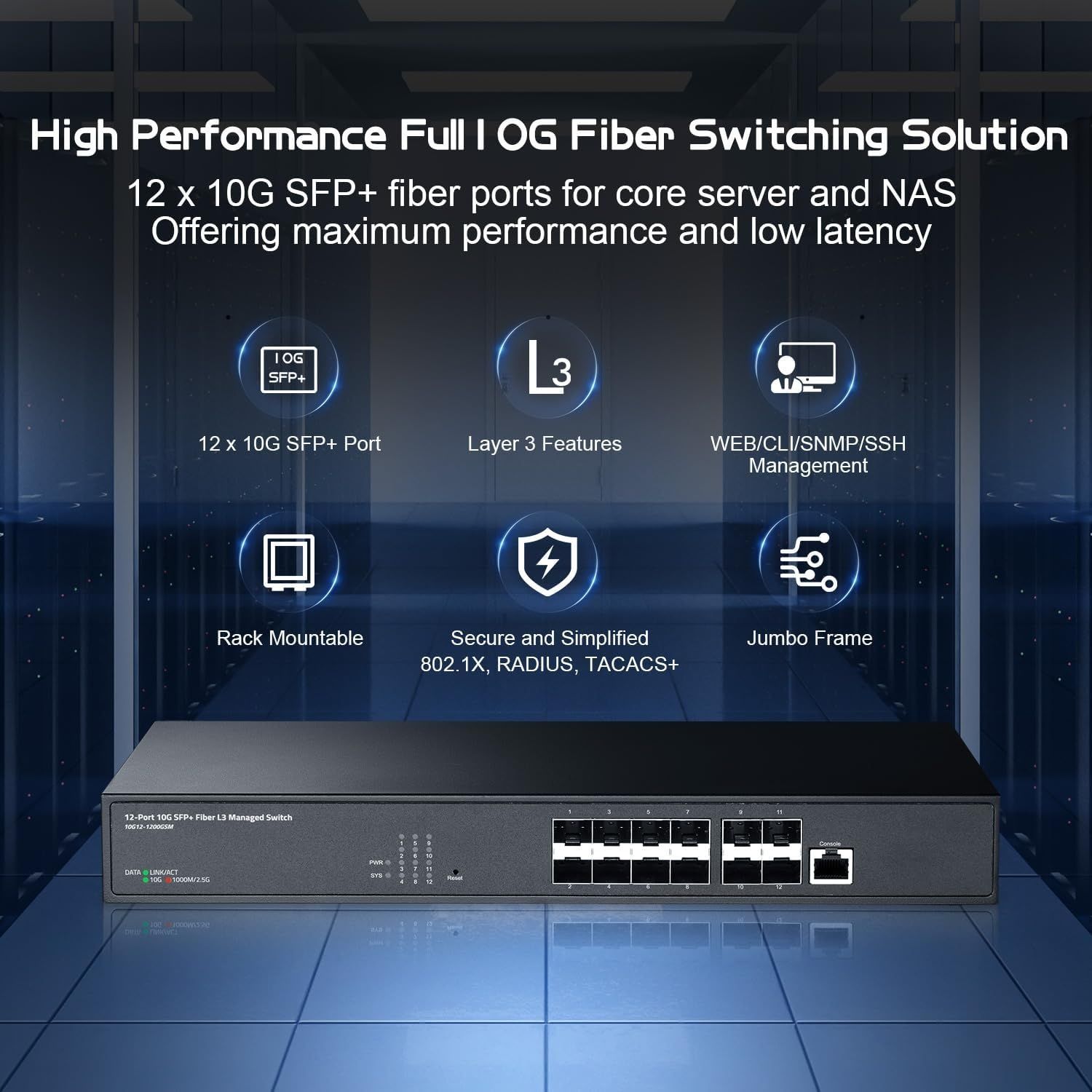 Binardat управляем SFP+ оптичен суич 12 порта 10G  L3 Web / CLI