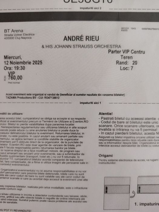 Vând 2 bilete la Concertul Andre Rieu, Cluj Napoca