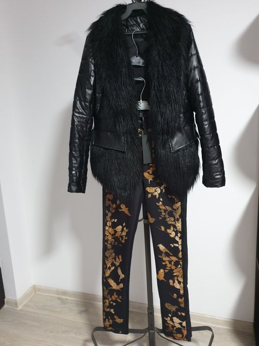 Pantaloni Punto Milano cu benzi laterale piele, imprimeu de designer