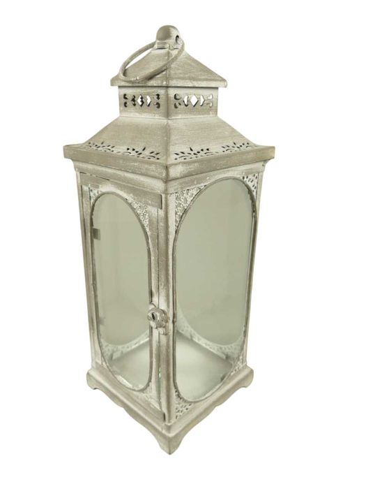 Set 3 felinare gri din fier si sticlă, H 25/34/50 cm, model vintage
