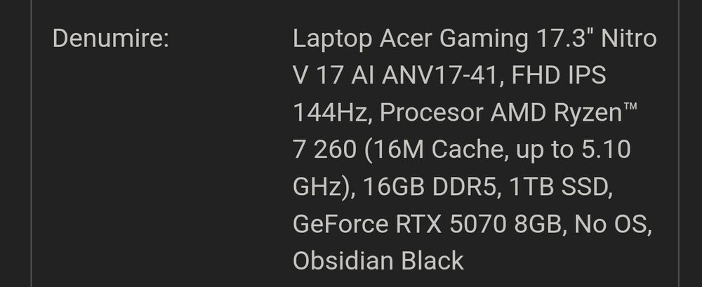 Laptop gaming acer nitro v17 5070 17.3 inch 144hz